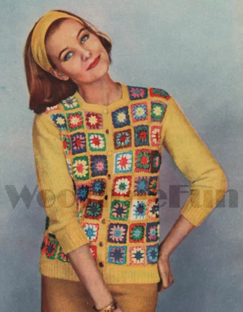 Crochet Pattern Vintage 1950s Lady's Jacket. Granny Squares. Knitted Sleeves.