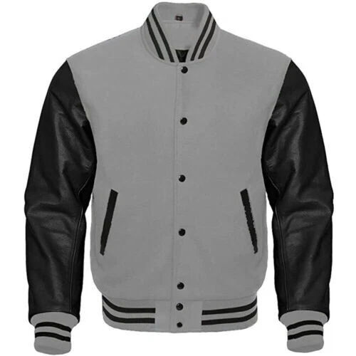 Letterman Baseball Bomber varsity Jacket Gray Wool & Black Leather Sleeves