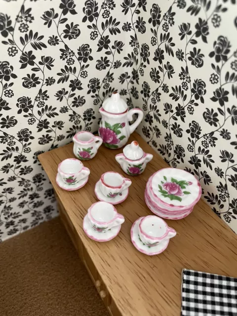 1/12th Dolls House Miniature Ceramic White Pink Flower Tea Coffee Set NEW Dining