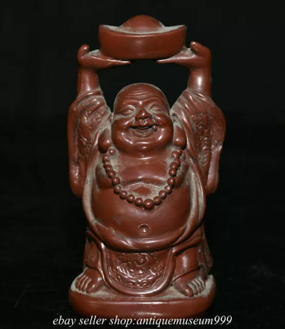 4.4" Old Chinese Red Lacquerware Carving Happy Laugh Maitreya Buddha Luck Statue
