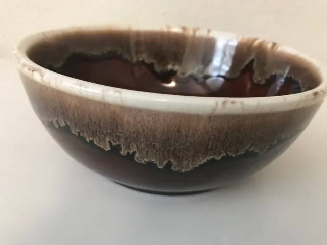 Vintage Pottery Brown & Tan Drip Glaze Serving Bowl Made in USA 7"