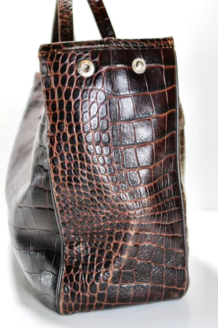 Vintage LONGCHAMP Croc Embossed Roseau Brown Leather Tote Bag France 4