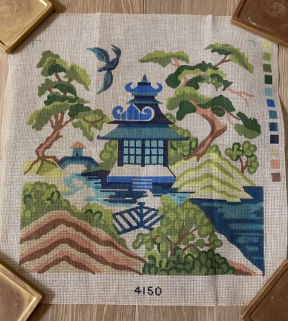"Lona con aguja pintada a mano para casa pagoda árboles bonsai azul verde 14"" x 14"