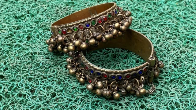 Ancient Stone Islamic Lady Pair Hand Bracelet Cuff Bangle Tribal Jewellery Brass