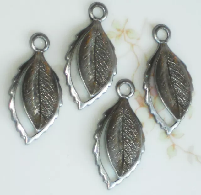 #1424 Vintage Drops Leaves Brass Art Nouveau Loop Drops Dangle Silver  Leaf