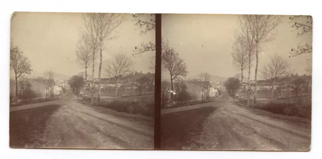 Paysage route village - photo ancienne stéréo papier an. 1910