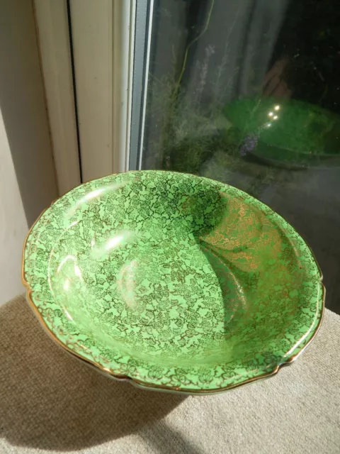 Brama Midwinter Bowl Green & Gold Chintz 9"D Decorative Dish 1950's 3