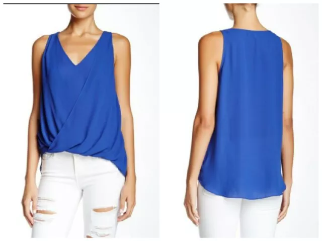 Elizabeth and James  Blue Tiana Draped Sleeveless V neck Chiffon Tank Top Wrap S