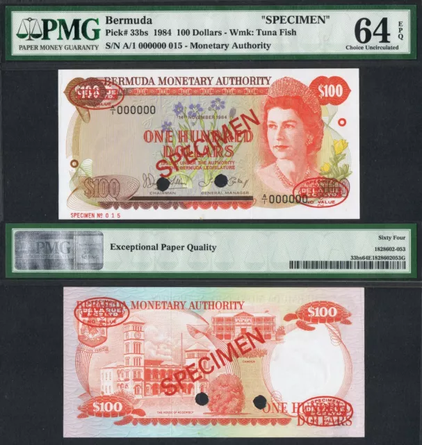 1984 BERMUDA 100 DOLLARS A/1 000000 P-33bs PMG 64 EPQ+ + + +QUEEN E II SPECIMEN