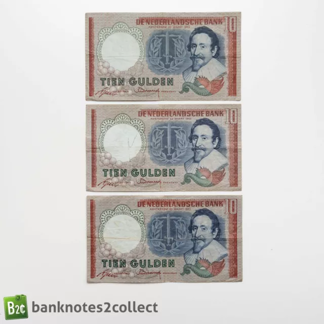 NETHERLANDS: 3 x 10 Netherlands Guilder Banknotes.