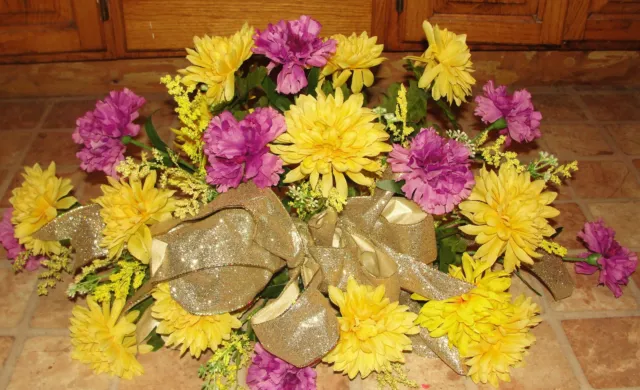 Autumn Fall Headstone Cemetery Memorial Grave Flowers Purple Carnation Yellow