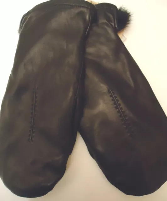Ladies Cire Black Rabbit Fur Lined Leather Mittens,Black