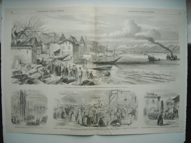 Gravure 1860. Vue De Thonon, Sur Le Lac De Geneve. Habitants De Thonon Enlevant