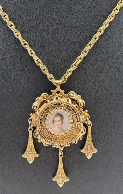 Spectacular Necklace Pendant 18th Century Revival Style Portrait Filigree Layers