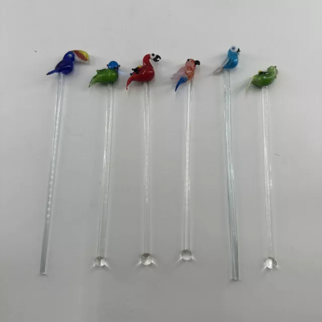 6 Assorted Glass Swizzle Sticks Stir Cocktail Stirrers Blown Glass Barware Bird