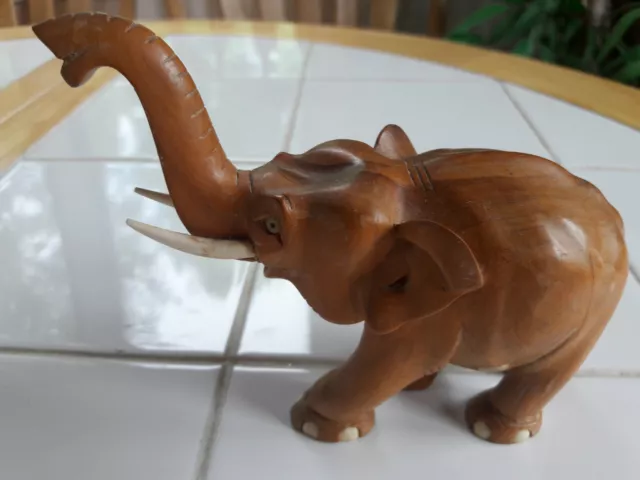 Wood Elephant Sculpture Hand Carved Wooden Figurine Lucky Statue Thailand