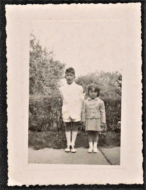 Vintage Antique Photograph Cute Boy & Girl Standing in Yard - Saddle Shoes