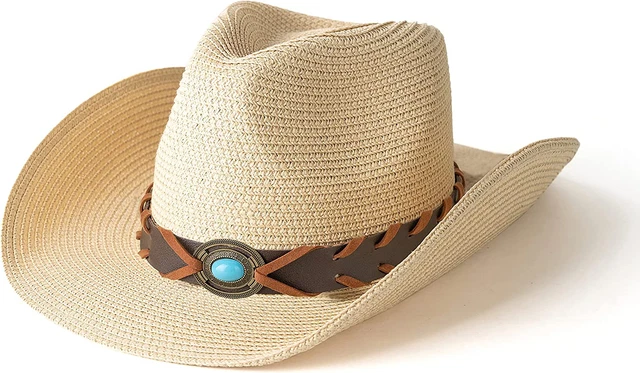 Women'S Woven Straw Cowboy Hat W/Beaded Trim Band Hat Beach Holiday Sun Hats