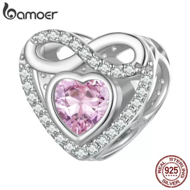 BAMOER 925 Sterling Silber Rosa Herz Liebe Zirkone Bead Armband Charm Geschenk