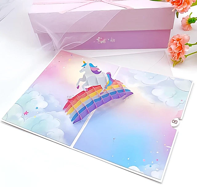 WRAPAHOLIC 3D Pop-up-Geburtstagskarte – Einhorn Mit Regenbogen & Glitzerwolken, 15 X 20 Cm, Inkl. Umschlag