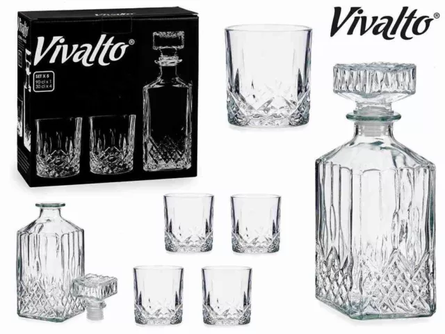 Servizio Set 5 Pezzi Bottiglia Decanter Cognac Liquore + 4 Bicchieri Vetro dfh