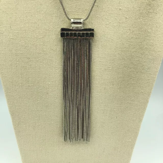 Tassel Pendant Necklace Silver Tone Long Length Disco Festival Modernist Retro