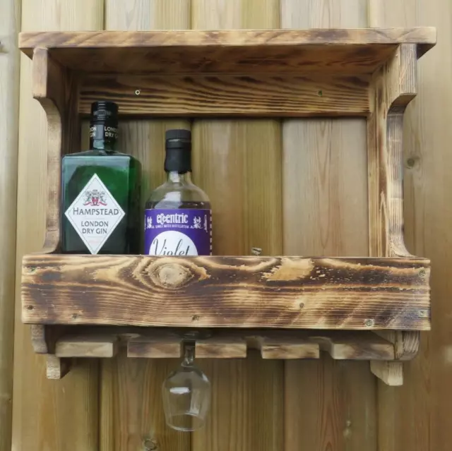 Wall Mounted Wooden Gin Rack With Shelf holds Up To Four Bottles And Glasses