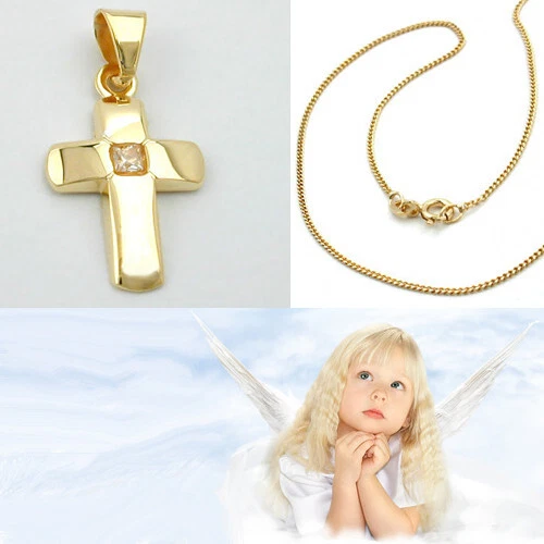 Echt Gold 585 14 Kt Kommunion Taufe Zirkonia Kreuz Anhänger mit weißem Stein