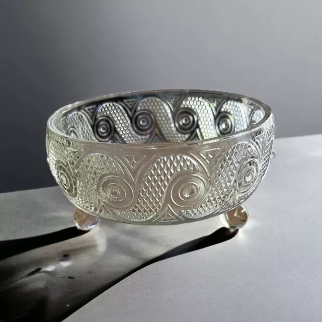 Vtg Avon Pressed Glass Diamond Swirl Scroll Clear Bowl Candy Dish 3-Footed 5 1/2