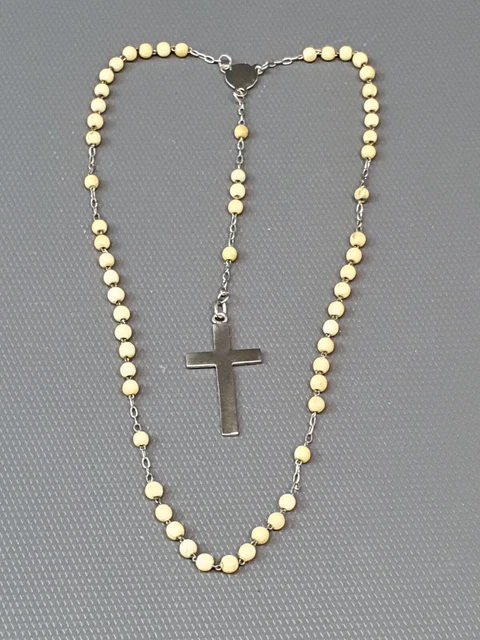 Collier Chapelet Ancien Avec Perles Nacrées, Médaille Et Croix En Relief - Bijou Vintage