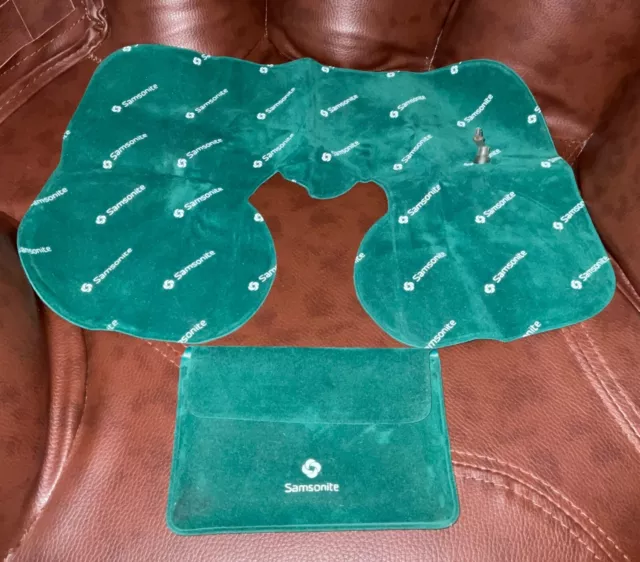 Inflatable Samsonite Airport Airplane Travel Pillow With Pouch - Green Felt