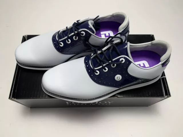 Zapatos de golf FootJoy FJ Traditions blancos azul marino patente para mujer talla 7,5 (97899)