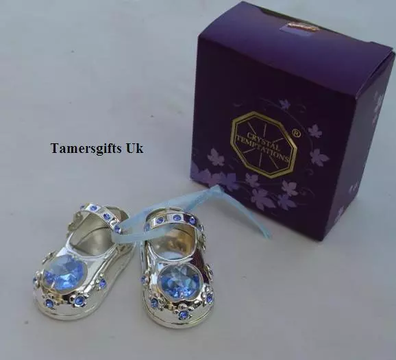 Silver Plated & Swarovski Crystal Booties Blue Trim New