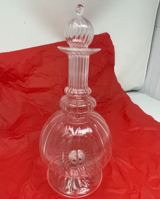 Two's Company Hand Blown Glass Decanter Bottle 11" Fluted Whiskey Bourbon Decor