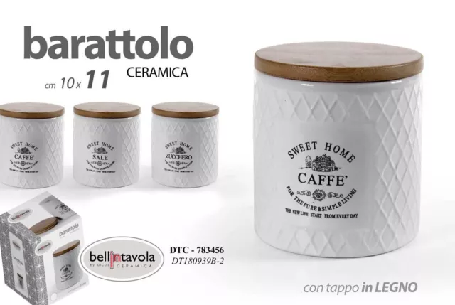 Tris Barattoli Set Sale-Zucchero-Caffe' In Ceramica Tappo In Legno Dtc-783456