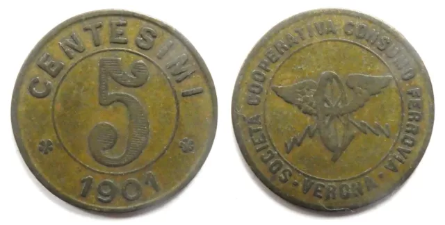 Gettone da 5 centesimi 1901 - Cooperativa Consumo Ferroviario Verona