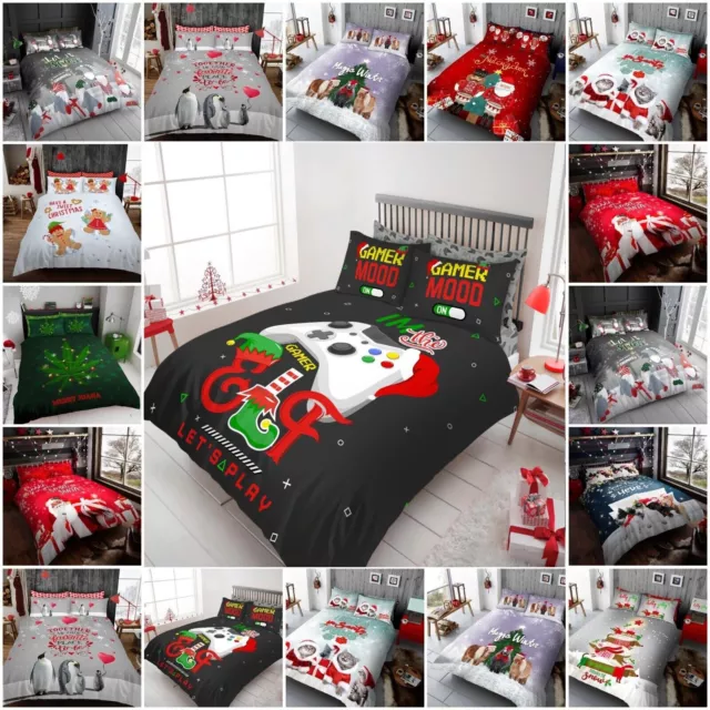 CHRISTMAS DUVET COVER SET Reversible Quilt Xmas Bedding Pillowcase Double King