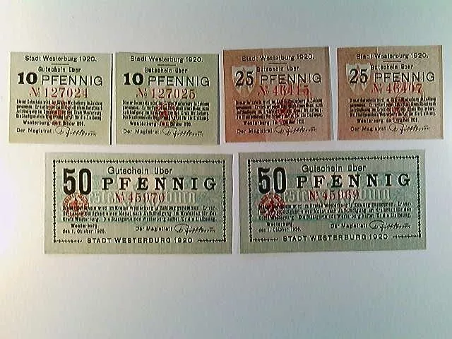 Notgeld Stadt Westerburg, je 2x 10/25 und 50 Pfennig, 1920