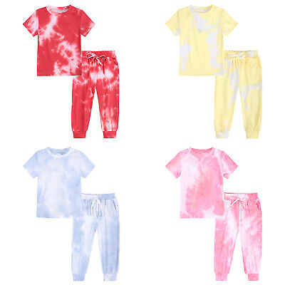 Girls Tie-Dye Outfits Short Sleeve Pullover Top Pants Set Sweatsuits Tracksuits