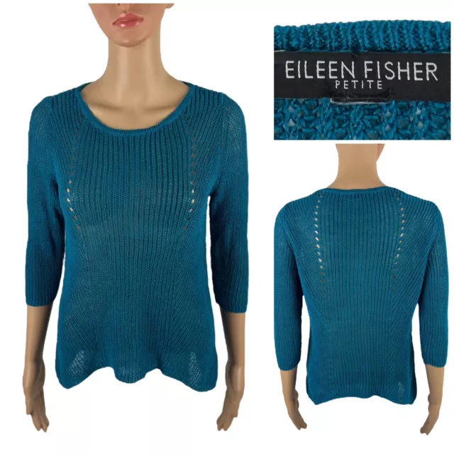 Eileen Fisher Womens Small Petite Sweater Blue 100% Linen Open Knit Pullover EUC