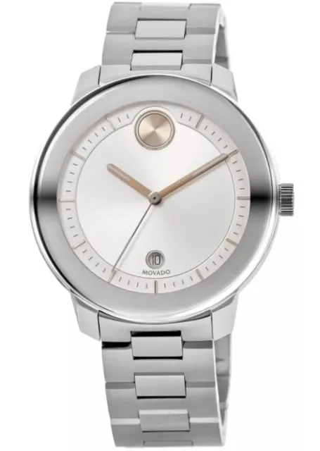 Movado Womens $695 Verso  Bold Silver / Silver Dial Date Swiss Watch 3600747