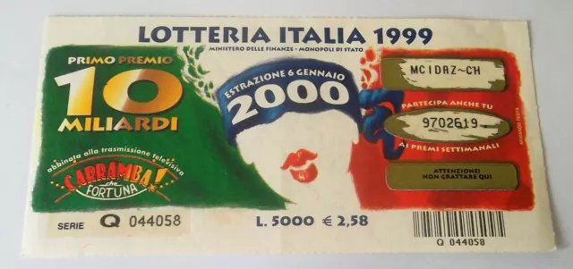 Biglietto Lotteria Italia 1999 ( Estrazione 6 Gennaio 2000)
