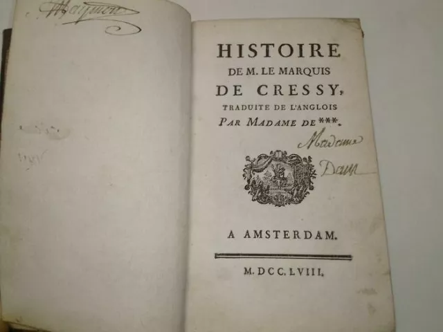 livre ancien-Md Riccoboni (trad.)-Histoire de M. Le Marquis de Cressy-1758