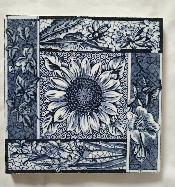 STUNNING MINTON SUNFLOWER DESIGN 6 INCH TILE.  CIRCA 1900s (C)