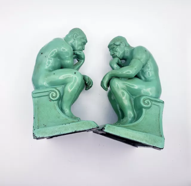 Vintage 6" THE THINKER Thinking Man BOOKENDS Cast Metal Brass Green Figurines