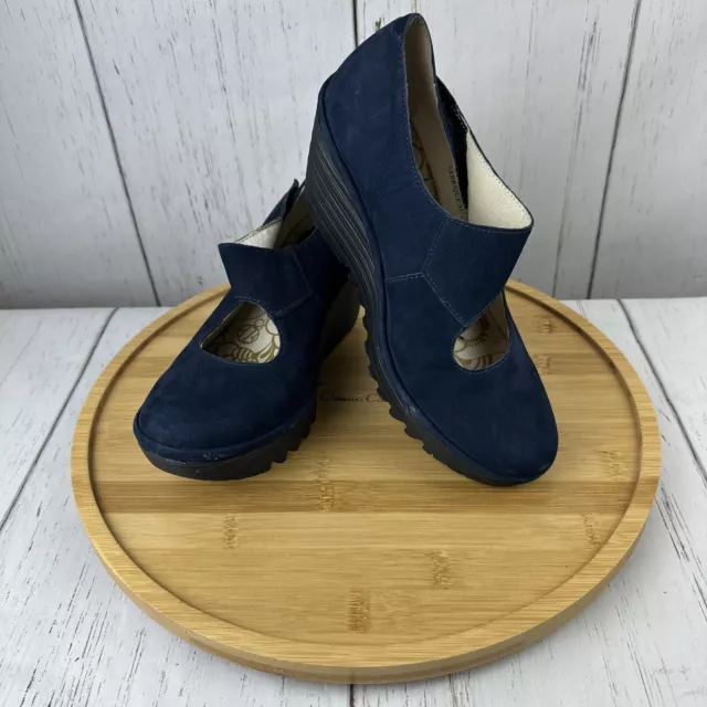 Fly London Blue Leather Wedge Shoes Sandals Peep Toe Size 38 US 7.5-8 Vel Strap