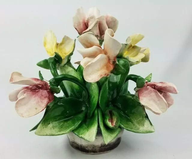 Vintage Capodimonte Porcelain Floral Basket Centerpiece Made In Italy