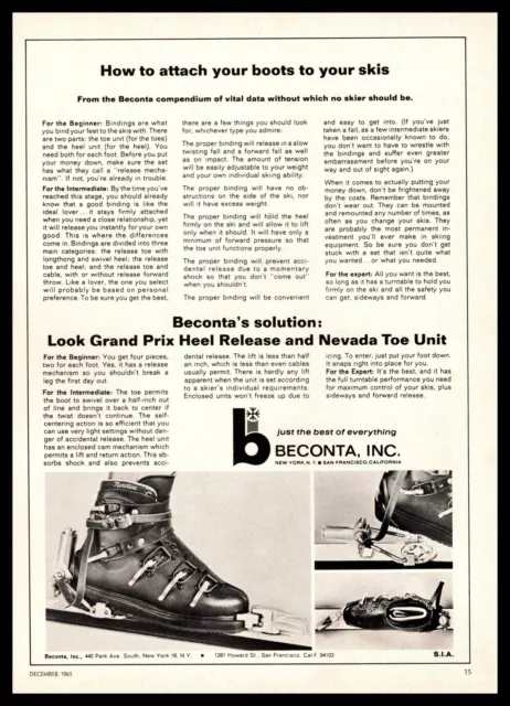 1965 Beconta Grand Prix Heel Release And Nevada Toe Unit Snow Ski Boots Print Ad