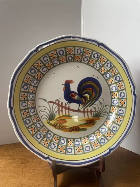 Signed Henriot Quimper Faience Pottery Wall Plate Detailed Bird Blue Yellow 10”