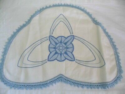 Vintage Old Blue White Hand Embroidered Tea Cosy Cover Crochet Trim Art Deco
